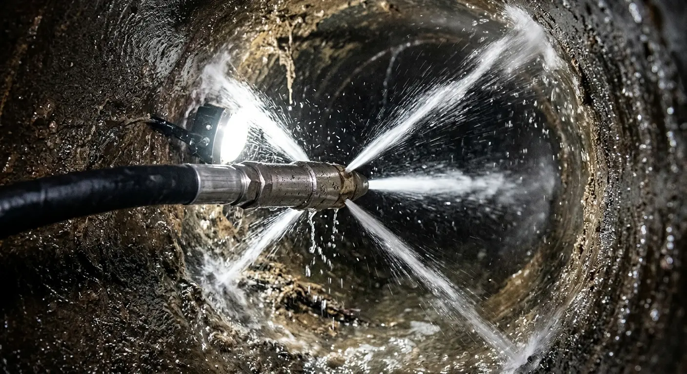 High-pressure hydro jetting nozzle cleaning sewer pipe for Trenchless Sewer Repair in Roeland Park