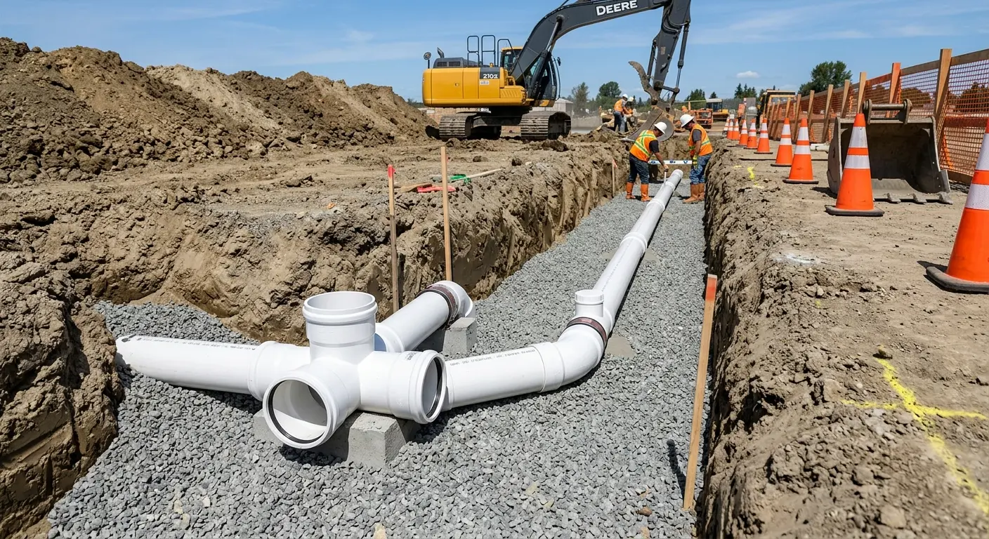 New PVC sewer pipe installation in open trench for Commercial Drain Cleaning in Roeland Park