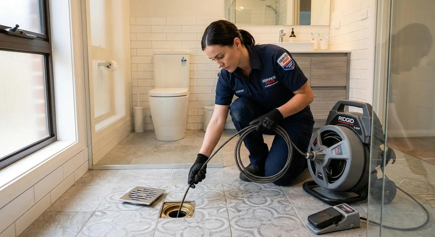 Technician clearing a bathroom floor drain for Drain Repair in Roeland Park